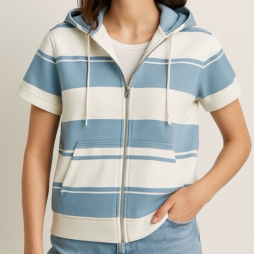 LIZ CLAIBORNE Villager Short Sleeve Hoodie Classic Stripe Coastal Blue White L